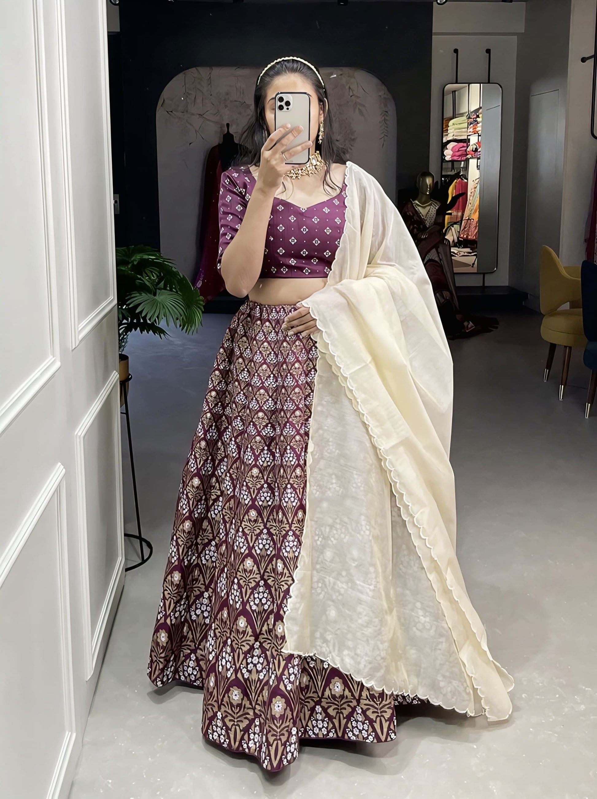 Wine Aada slub silk foil printed lehenga choli with jacquard texture and Chanderi dupatta for wedding and festive wear