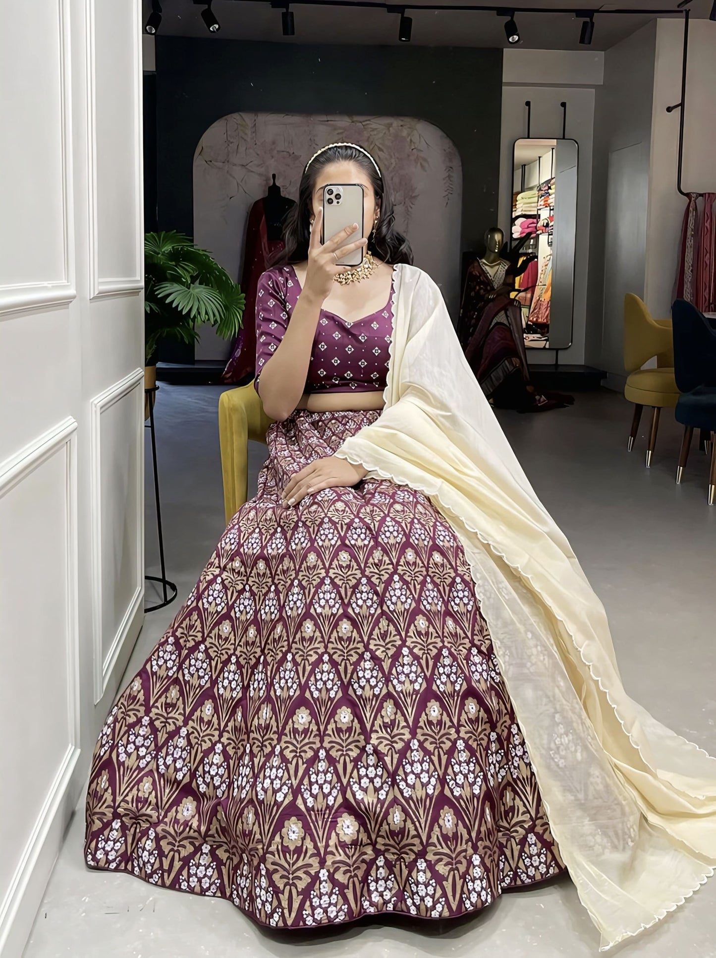 Wine Aada Slub Silk Foil Printed Lehenga Choli with Chanderi Dupatta