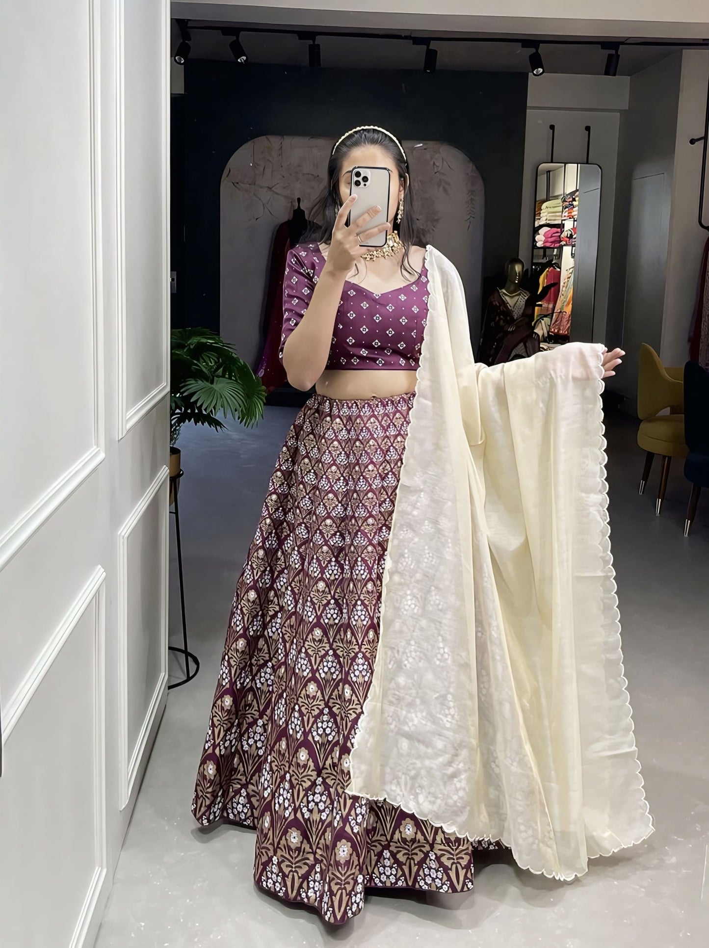 Wine Aada Slub Silk Foil Printed Lehenga Choli with Chanderi Dupatta