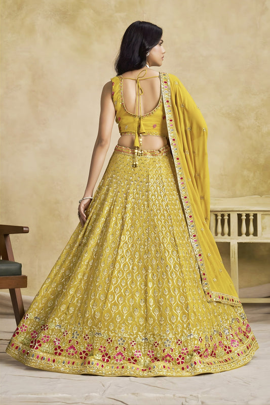 Yellow Georgette Lehenga Choli with Floral Zari Embroidery & Matching Dupatta