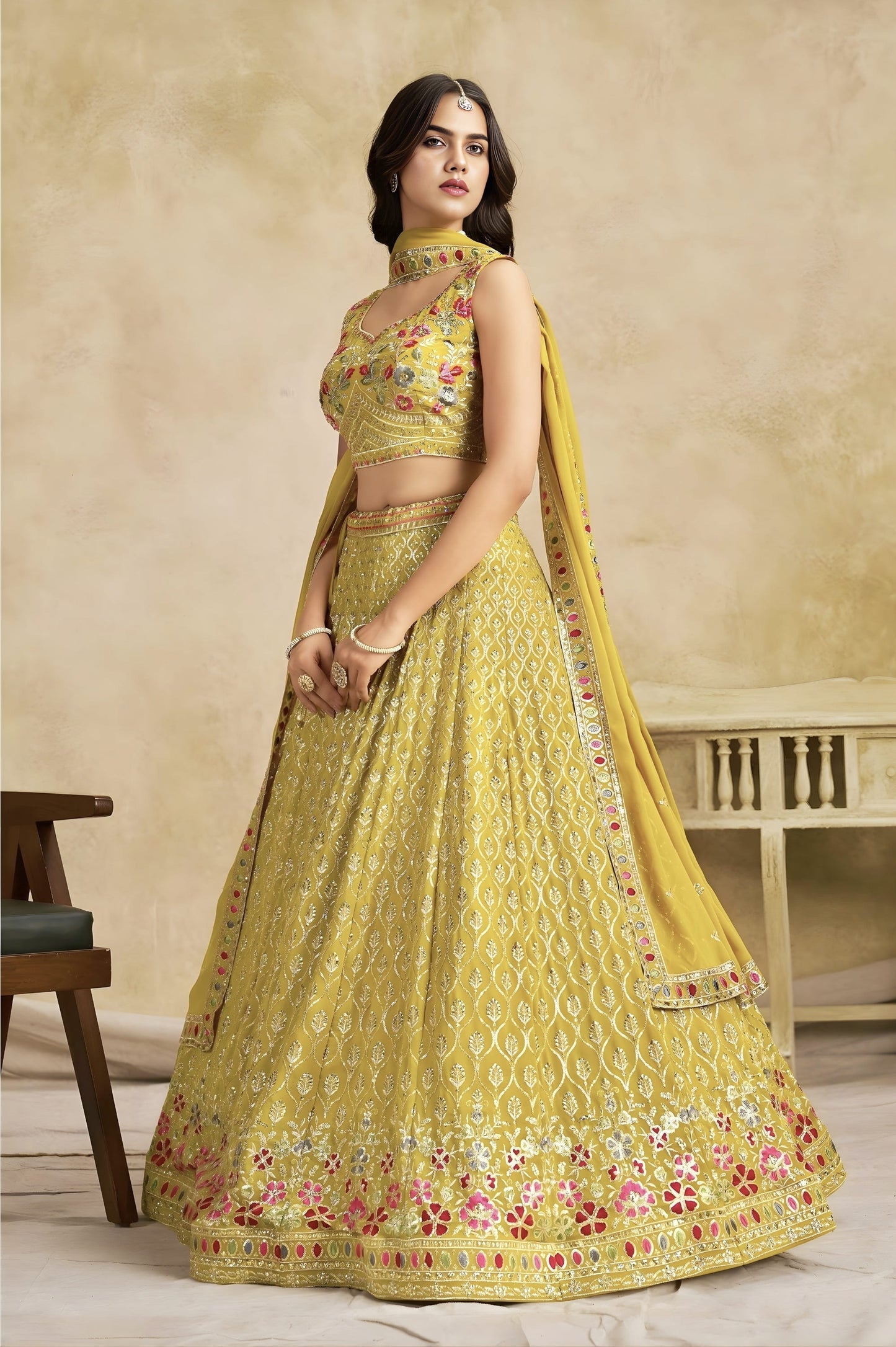 Yellow Georgette Lehenga Choli with Floral Zari Embroidery & Matching Dupatta