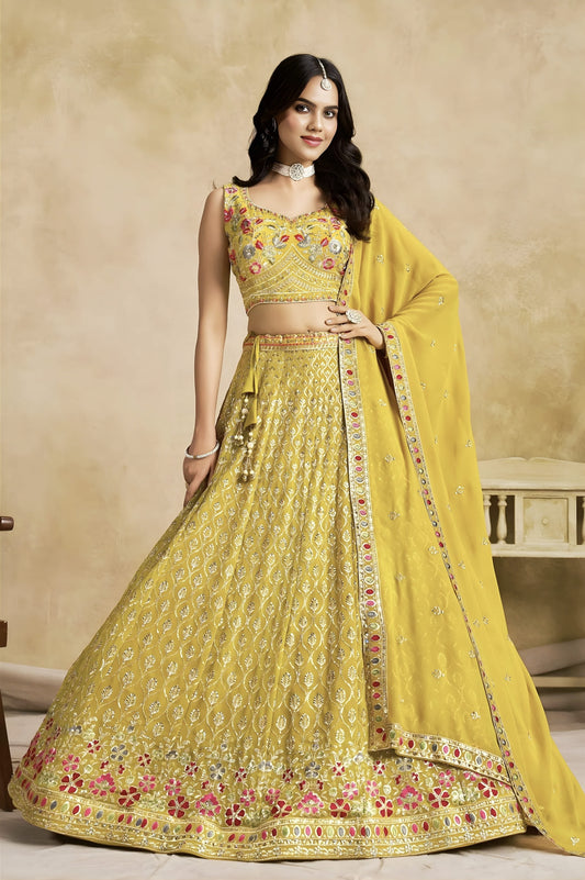 Yellow georgette lehenga choli with floral zari embroidery, thread work, sequins detailing, and matching dupatta for Haldi and wedding wear