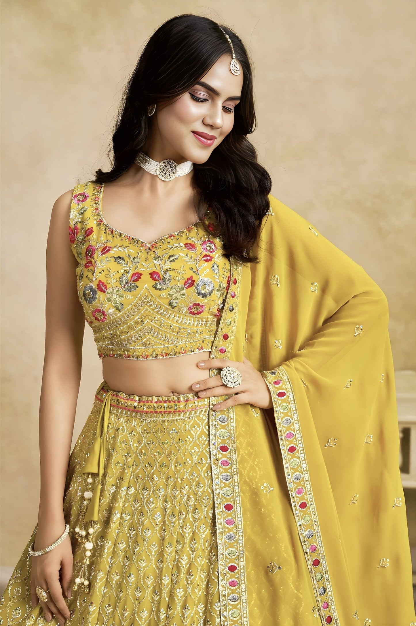 Yellow Georgette Lehenga Choli with Floral Zari Embroidery & Matching Dupatta
