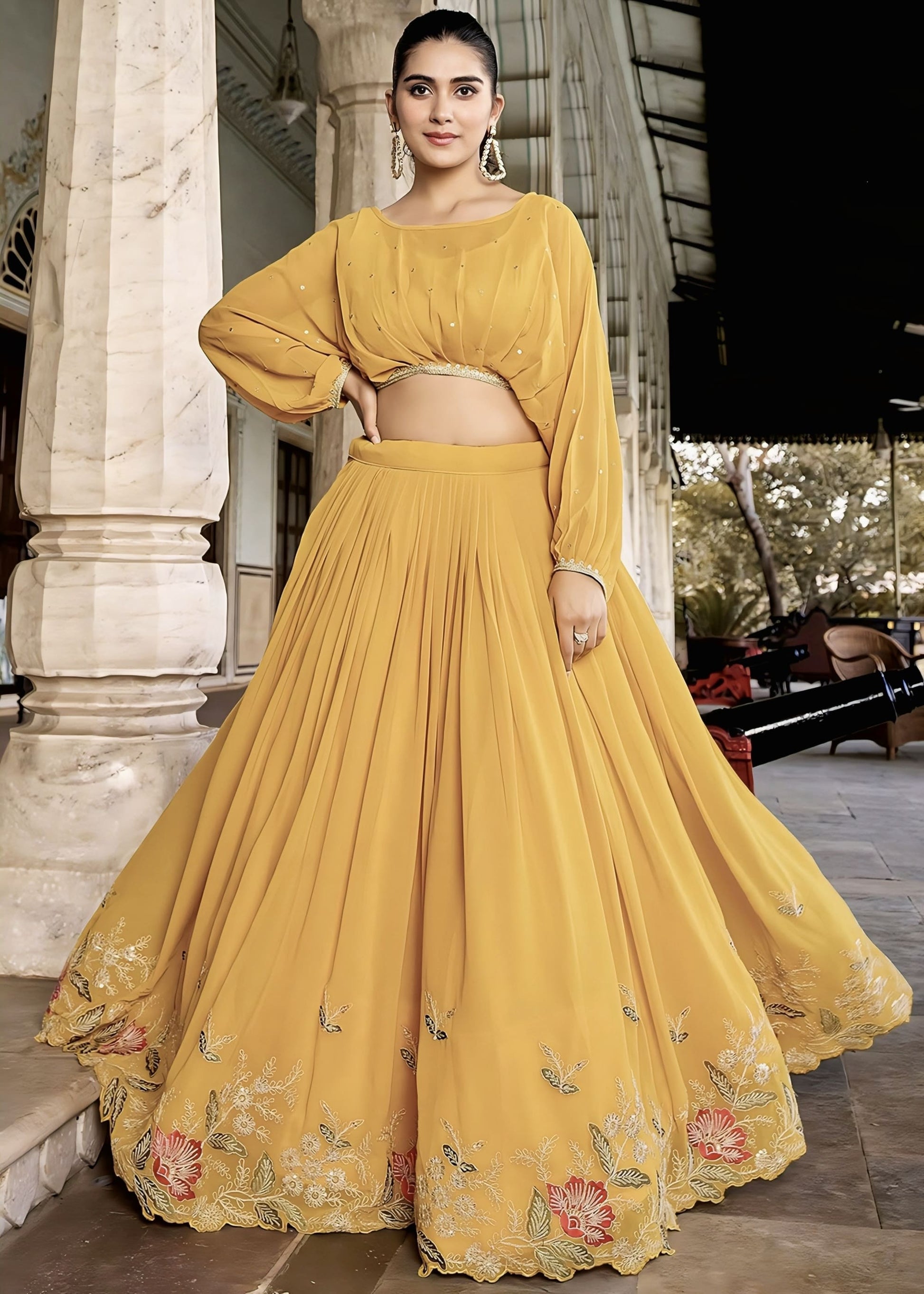 Mustard yellow readymade georgette lehenga choli with sequins thread embroidery, puff sleeves, and round neckline for wedding and festive wear