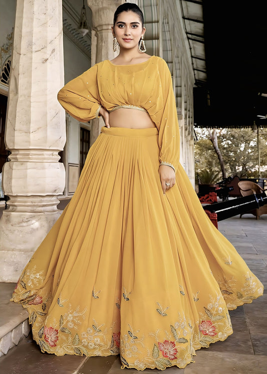 Mustard yellow readymade georgette lehenga choli with sequins thread embroidery, puff sleeves, and round neckline for wedding and festive wear