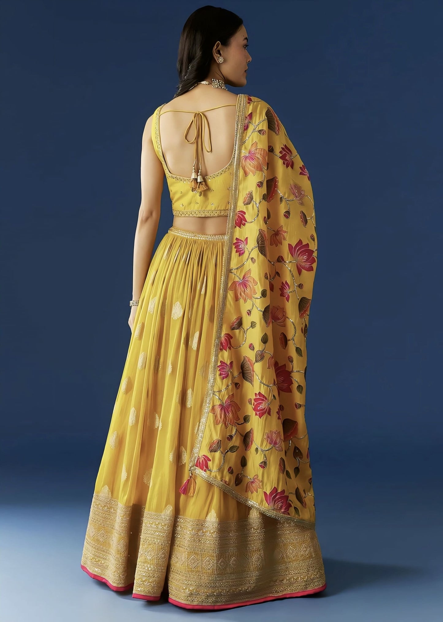Mustard Yellow Silk Lehenga Set with Zardosi Sequins Choli & Printed Dupatta