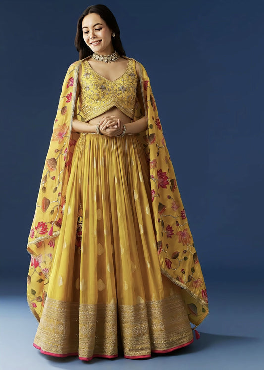 Mustard yellow silk lehenga set with Zardosi sequins choli and printed dupatta for wedding, Haldi, and festive wear