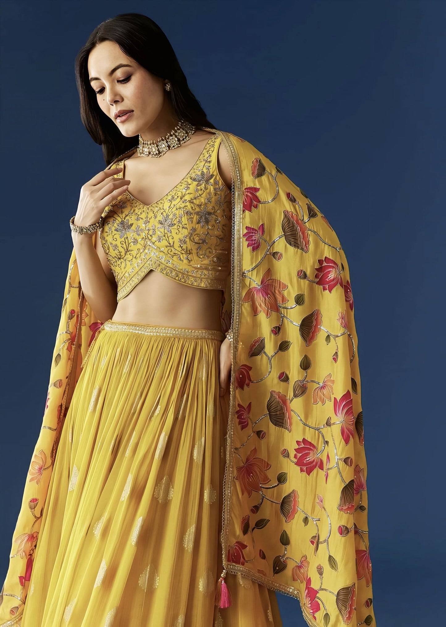 Mustard Yellow Silk Lehenga Set with Zardosi Sequins Choli & Printed Dupatta