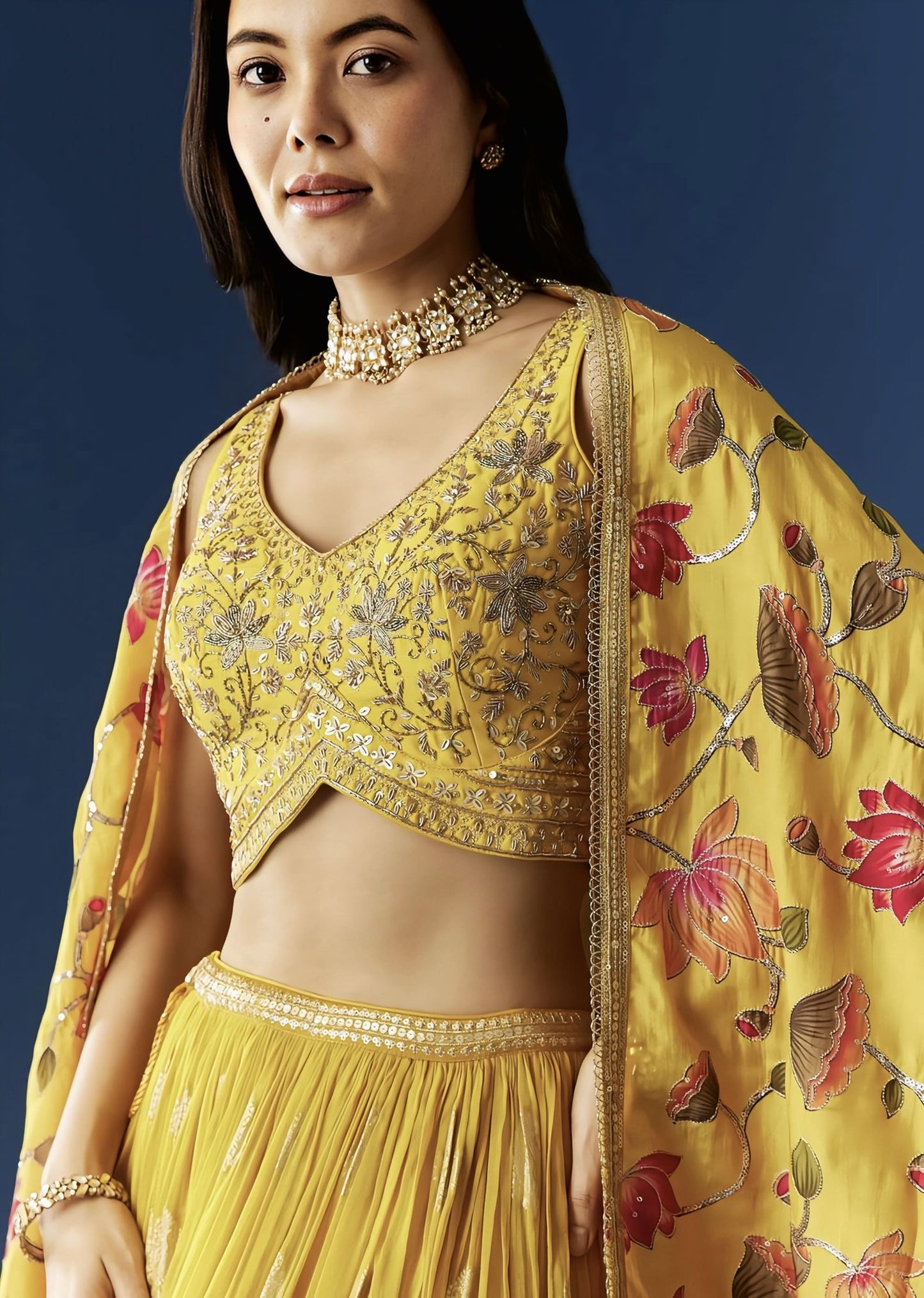 Mustard Yellow Silk Lehenga Set with Zardosi Sequins Choli & Printed Dupatta