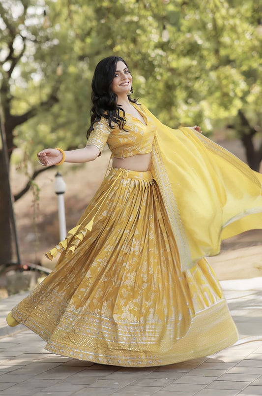 Yellow Haldi bridal lehenga choli with sequins embroidery, viscose jacquard fabric, and Russian silk dupatta for wedding and festive wear