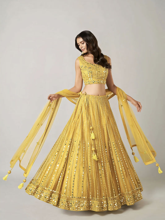 Yellow Net Lehenga Choli with Stone, Resham & Mirror Work for Party Wear