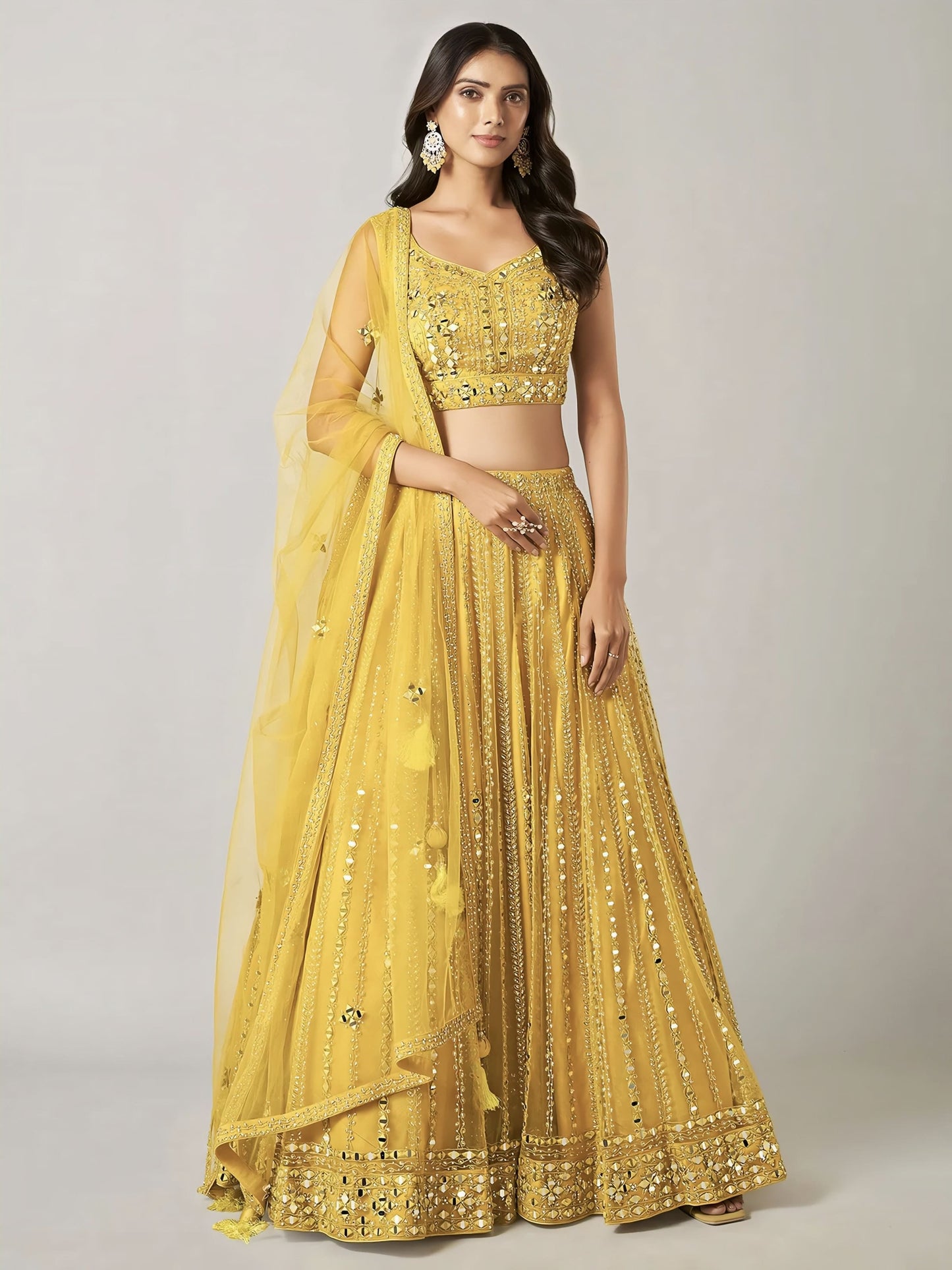 Yellow Net Lehenga Choli with Stone, Resham & Mirror Work for Party Wear