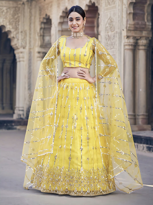 Yellow soft net lehenga choli with sequence embroidery work for wedding, Haldi, and festive party wear