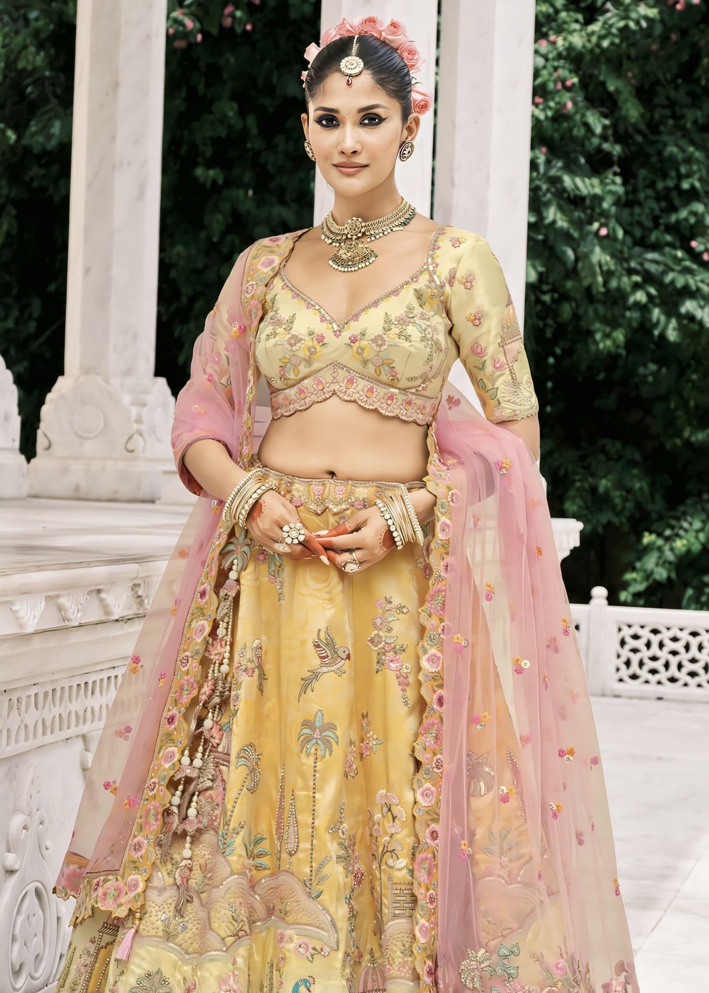 Yellow Embroidered Silk Lehenga Choli with Contrast Pink Dupatta