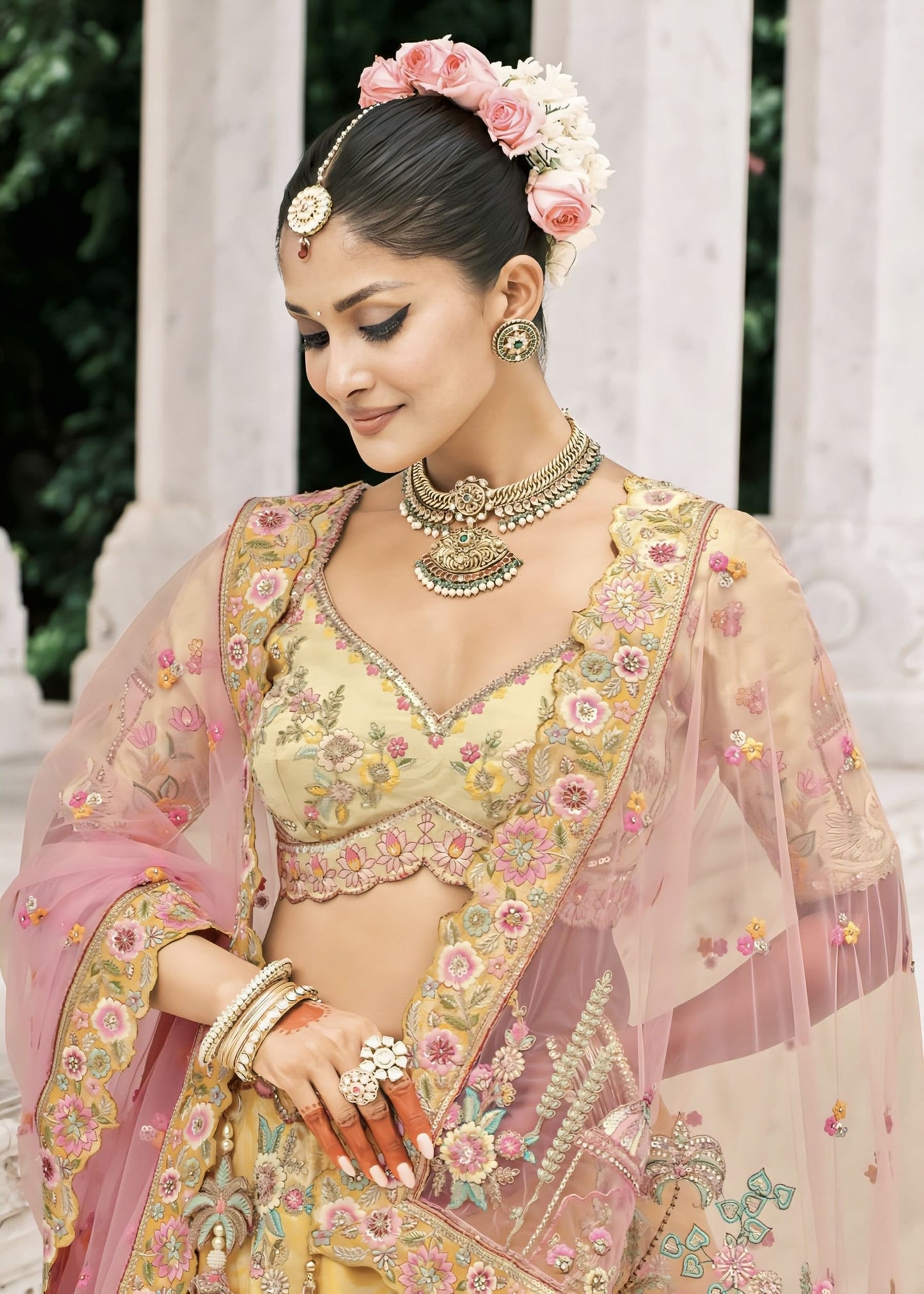 Yellow Embroidered Silk Lehenga Choli with Contrast Pink Dupatta