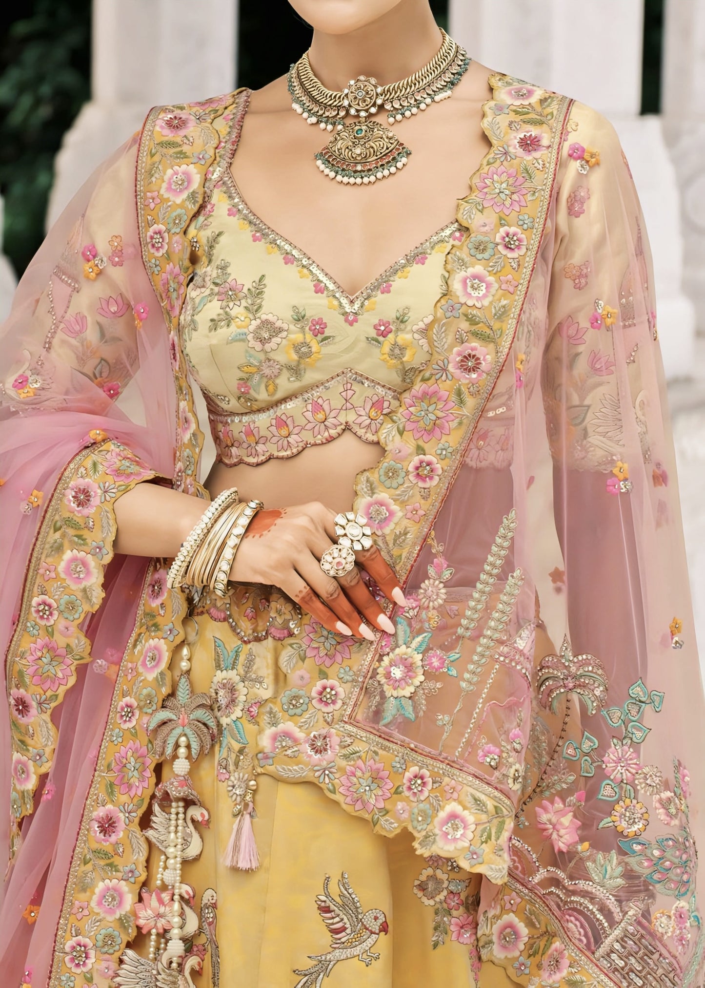 Yellow Embroidered Silk Lehenga Choli with Contrast Pink Dupatta