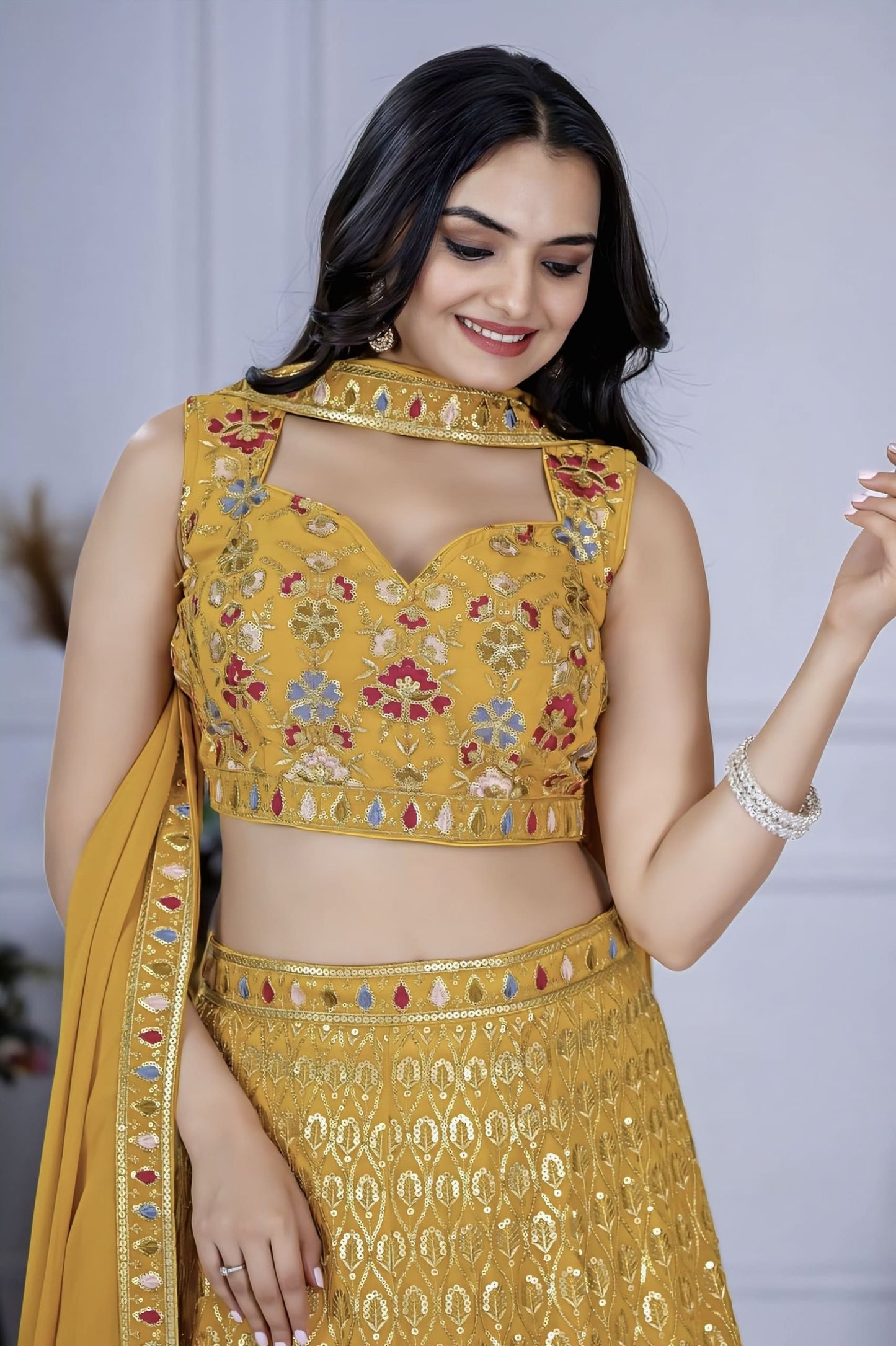 Yellow Ready To Wear Fox Georgette Lehenga Choli with Multi Thread & Sequence Work