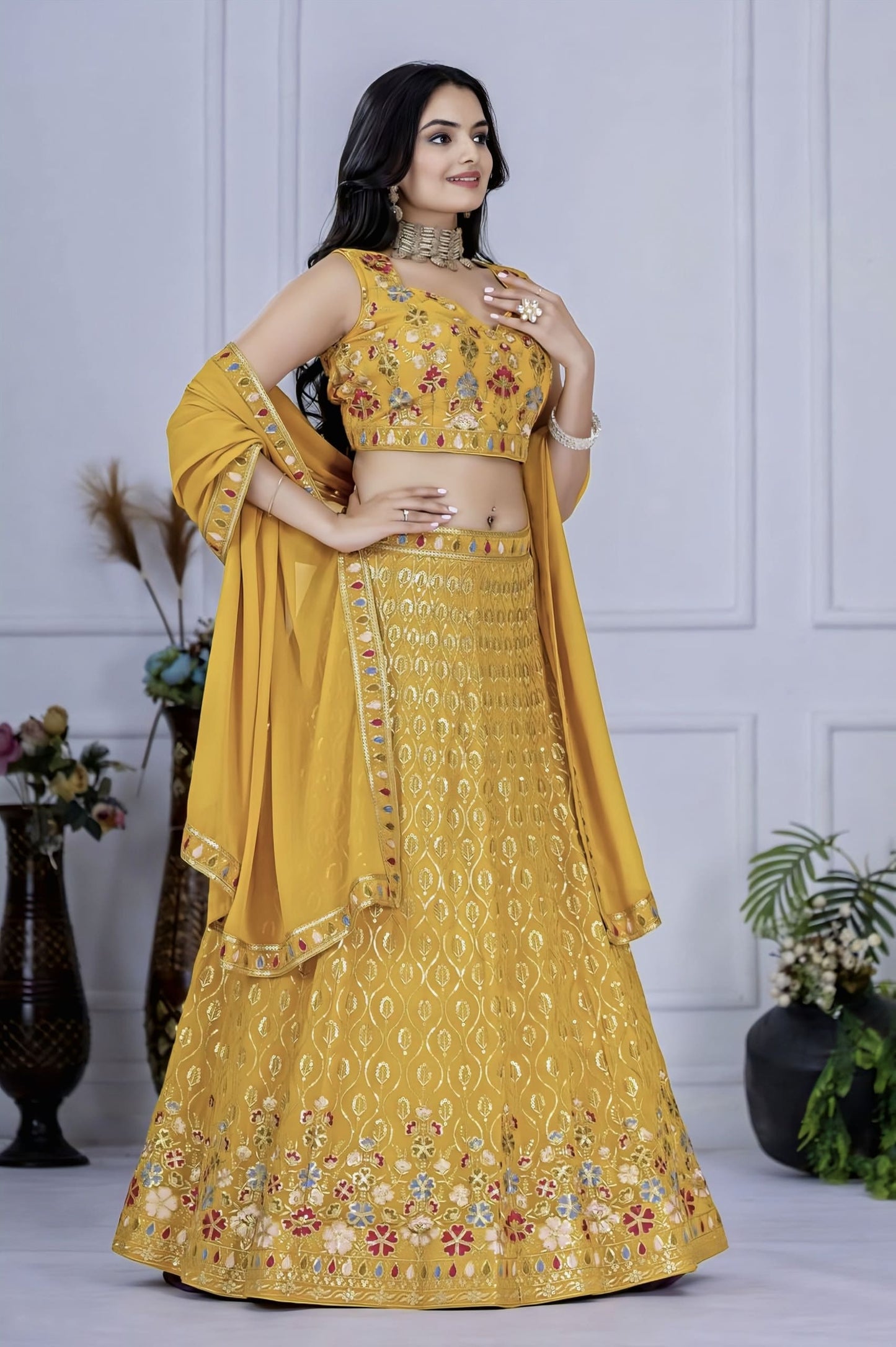 Yellow Ready To Wear Fox Georgette Lehenga Choli with Multi Thread & Sequence Work