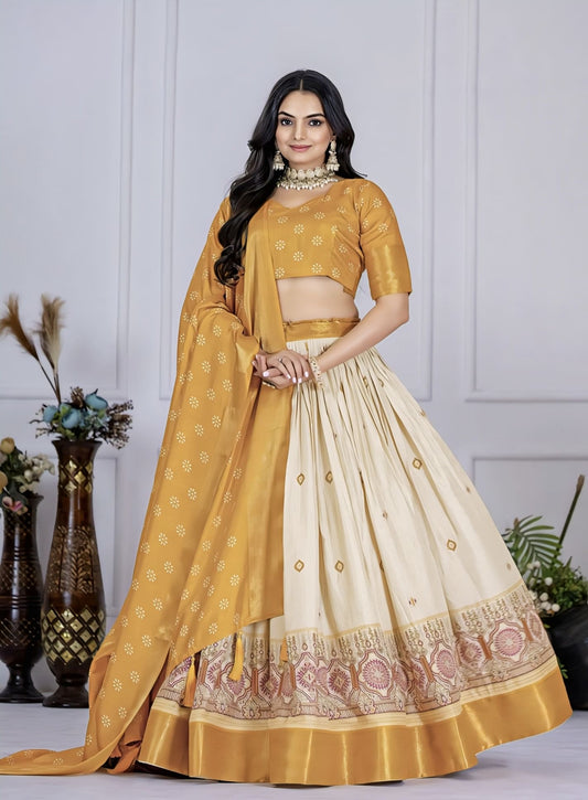 Yellow Lichi Silk Ghagra Choli with Jacquard Zari Work for Wedding Guest Wear