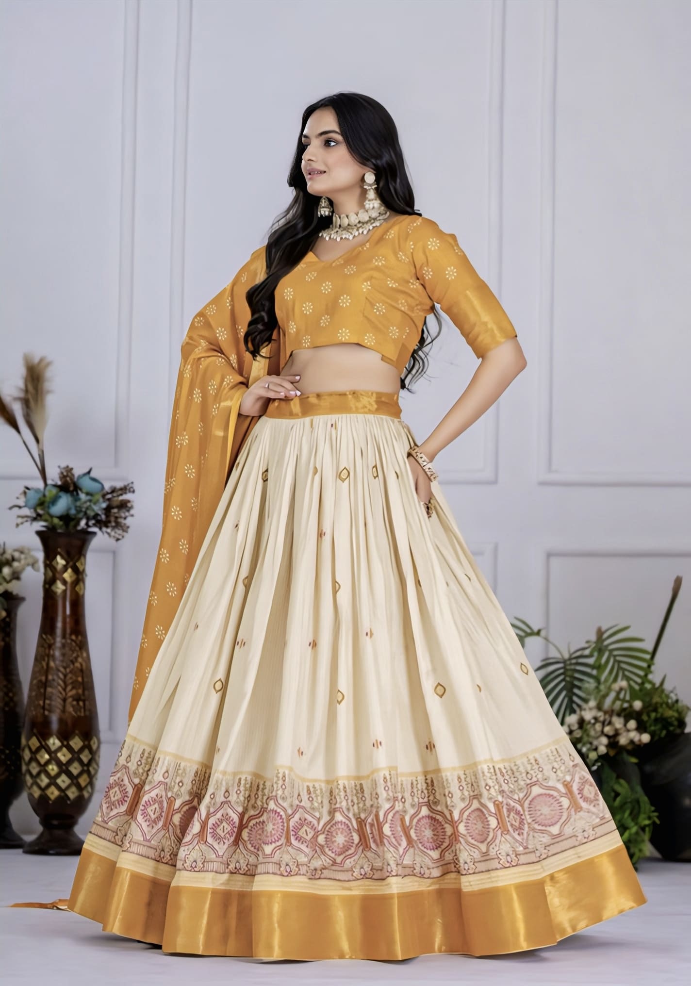 Yellow Lichi Silk Ghagra Choli with Jacquard Zari Work for Wedding Guest Wear