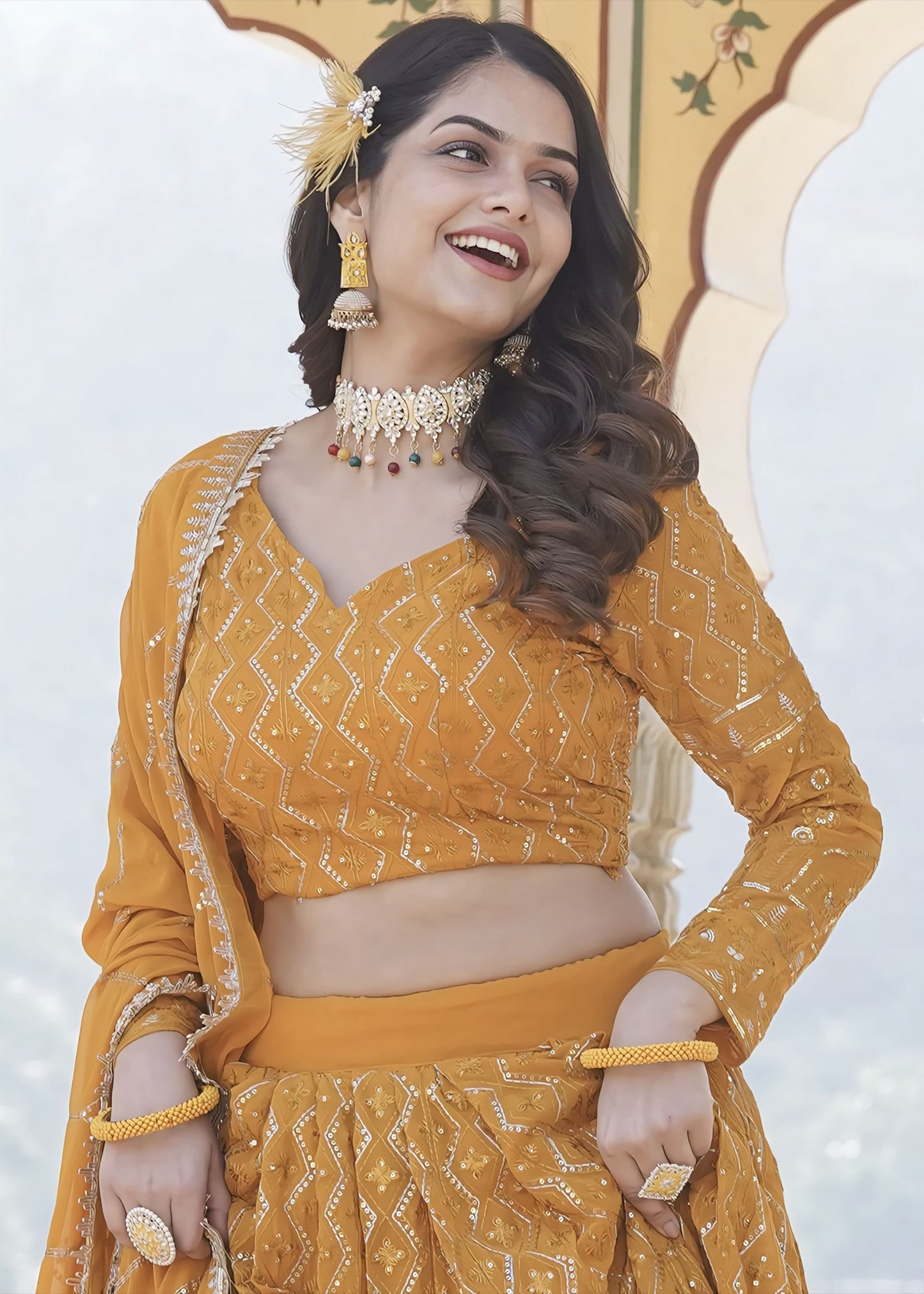 Mustard Yellow Georgette Lehenga Choli with Embroidery & Sequins Work