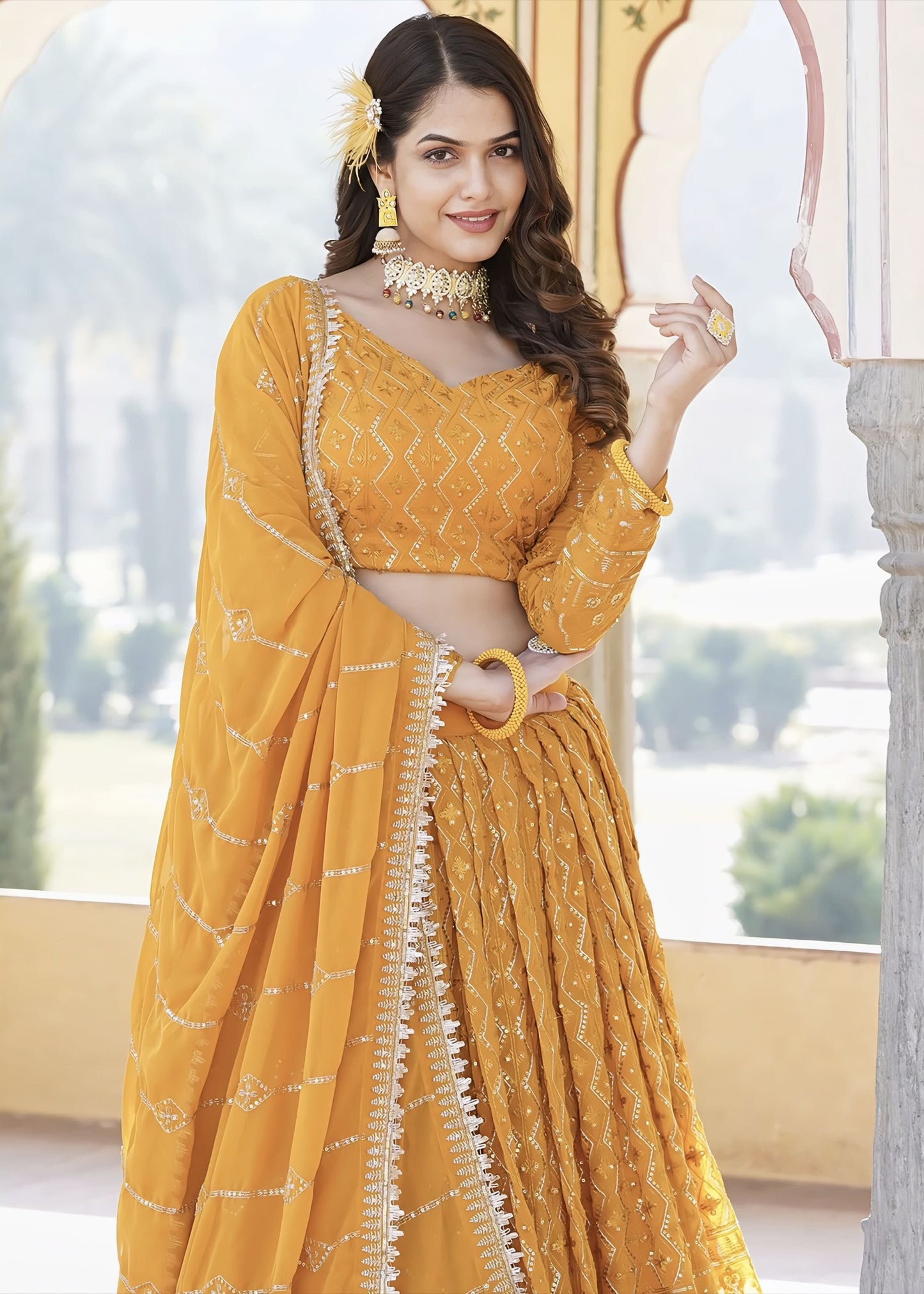 Mustard Yellow Georgette Lehenga Choli with Embroidery & Sequins Work