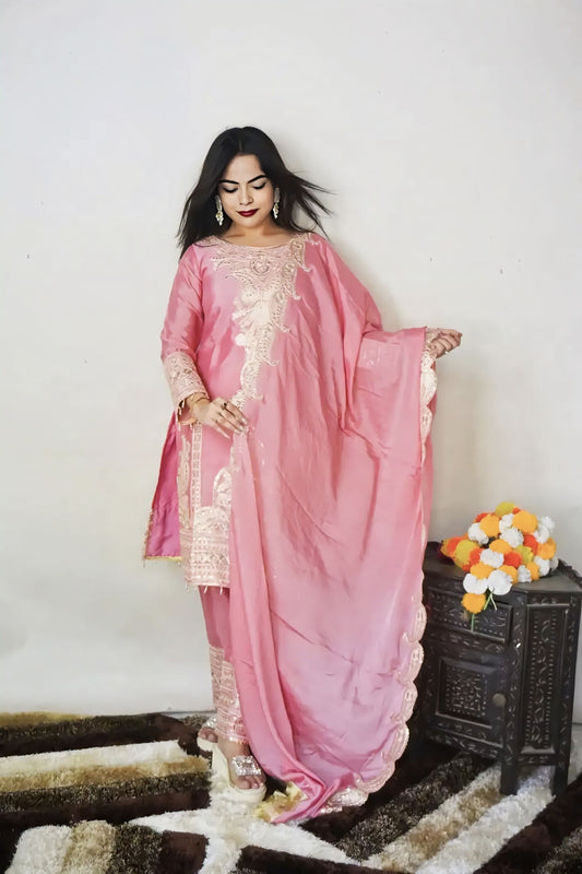 Pink Pure Chinnon Silk Embroidered Salwar Suit with Coding Dori & Sequins Work