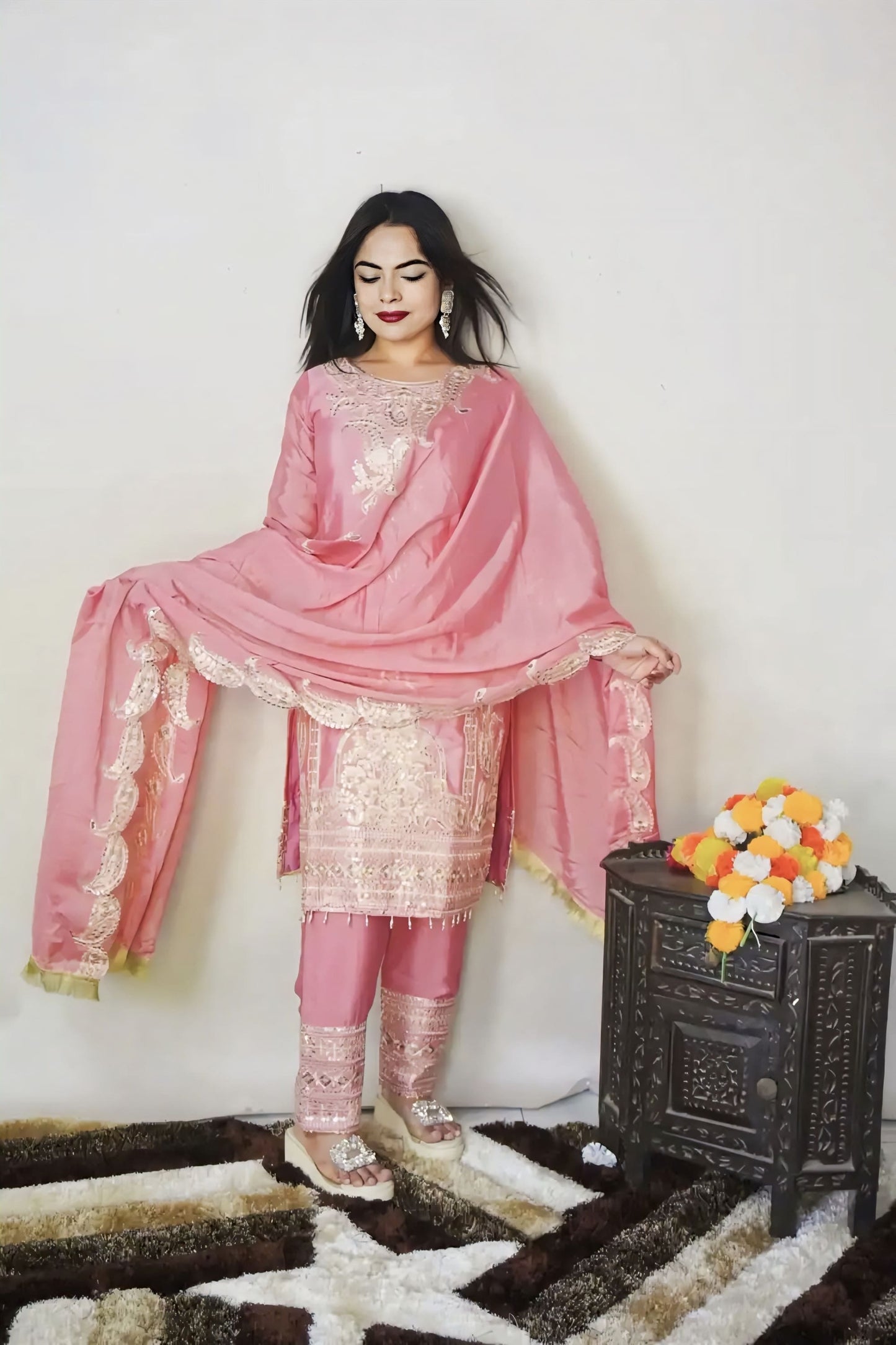 Pink Pure Chinnon Silk Embroidered Salwar Suit with Coding Dori & Sequins Work