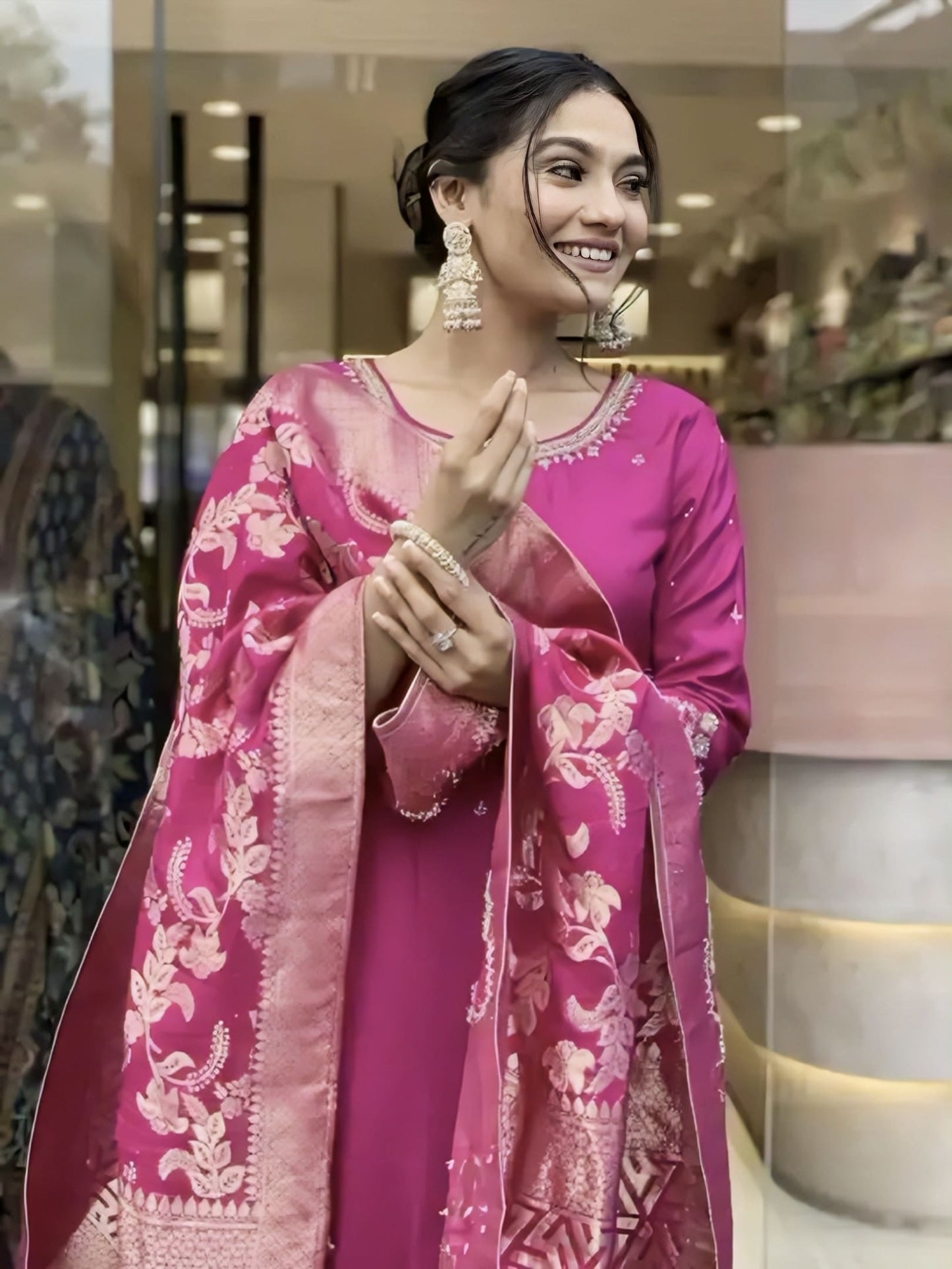 Rani Pink Roman Silk Salwar Suit with Heavy Coding Work & Banarasi Jacquard Dupatta