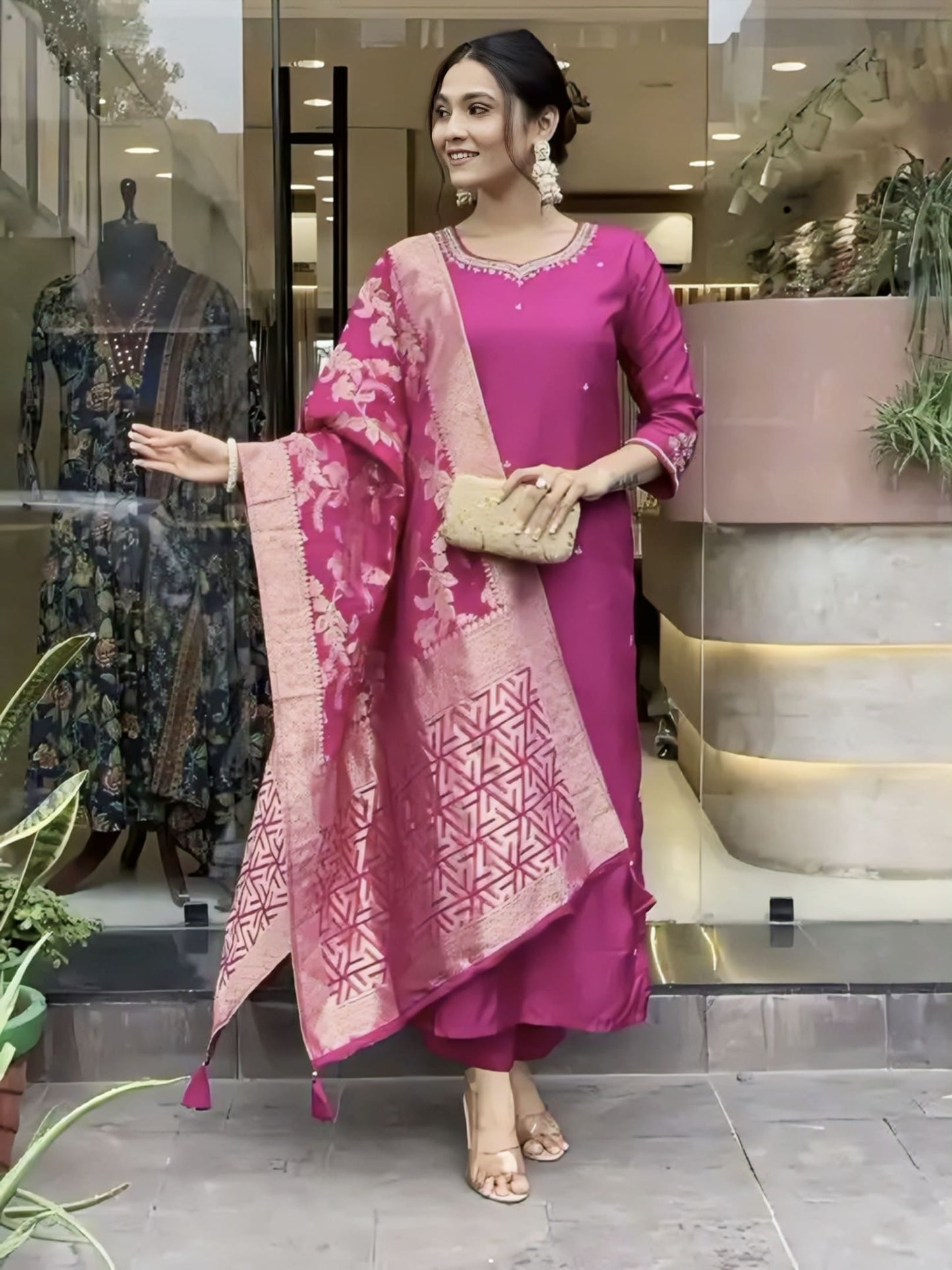 Rani pink Roman silk salwar suit with heavy coding work and Banarasi jacquard zari dupatta for wedding and festive wear