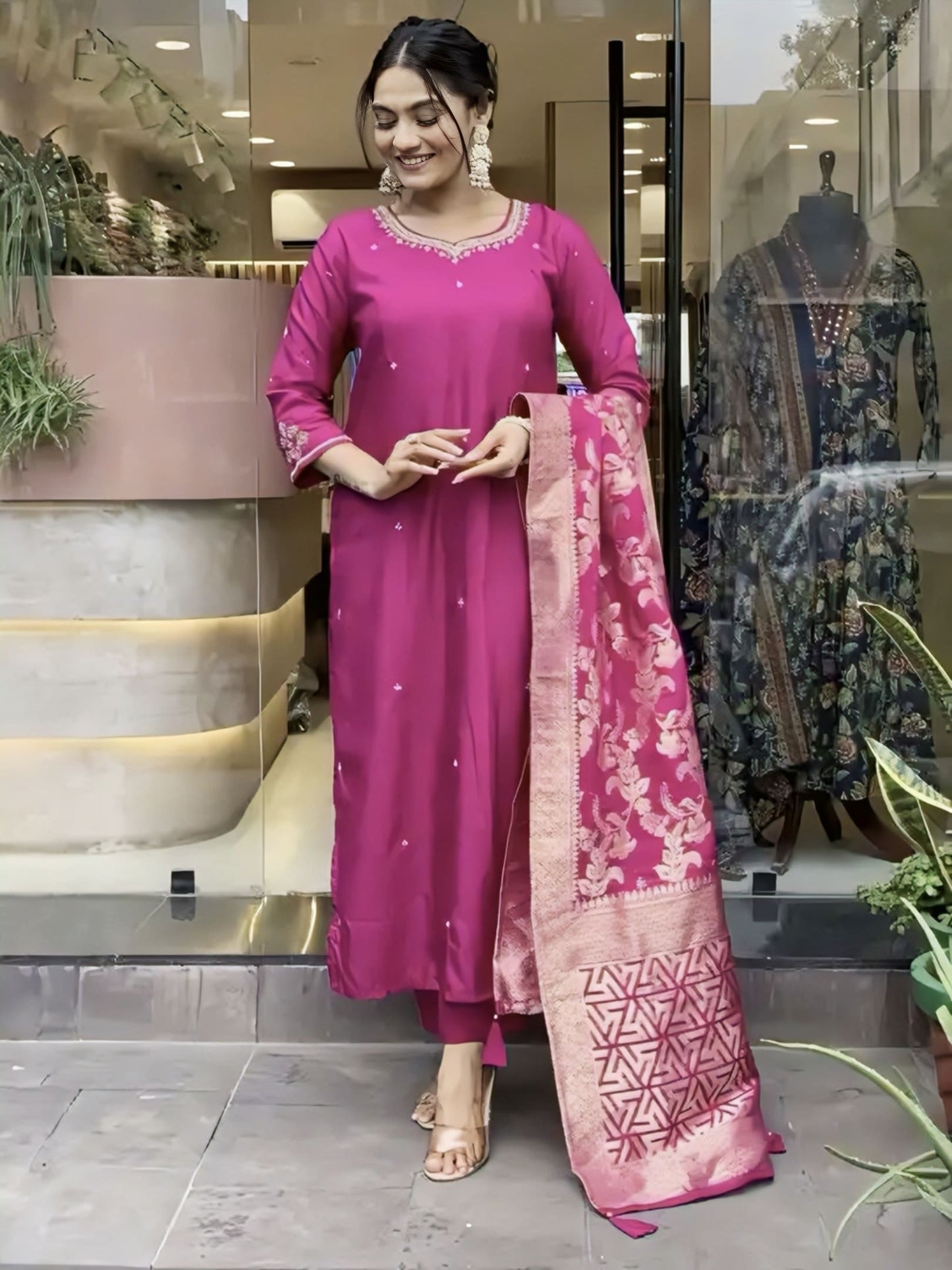 Rani Pink Roman Silk Salwar Suit with Heavy Coding Work & Banarasi Jacquard Dupatta
