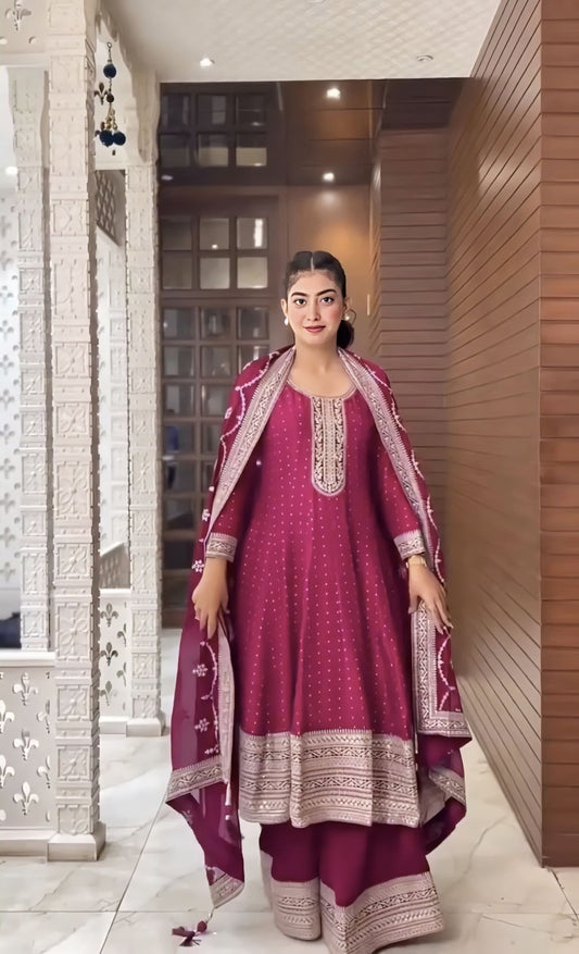 Rani pink faux georgette sharara salwar suit with coding sequence work for wedding, party, and festive wear