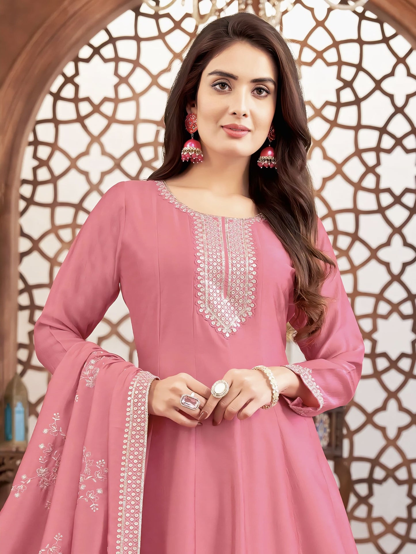 Pink Rich Silk Salwar Suit with Resham & Sequins Work and Purple Dupatta