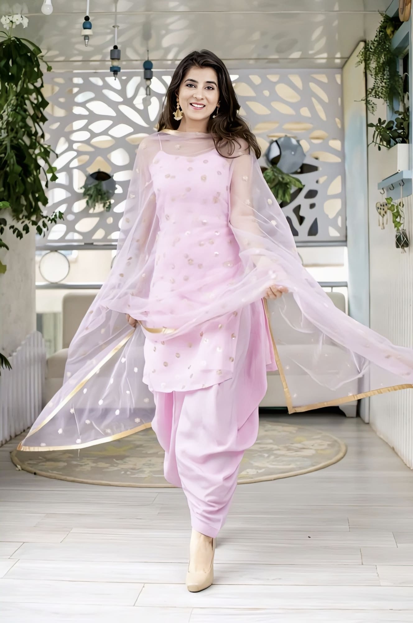 Designer pink georgette semi-Patiala salwar suit with embroidery work for party wear and festive occasions