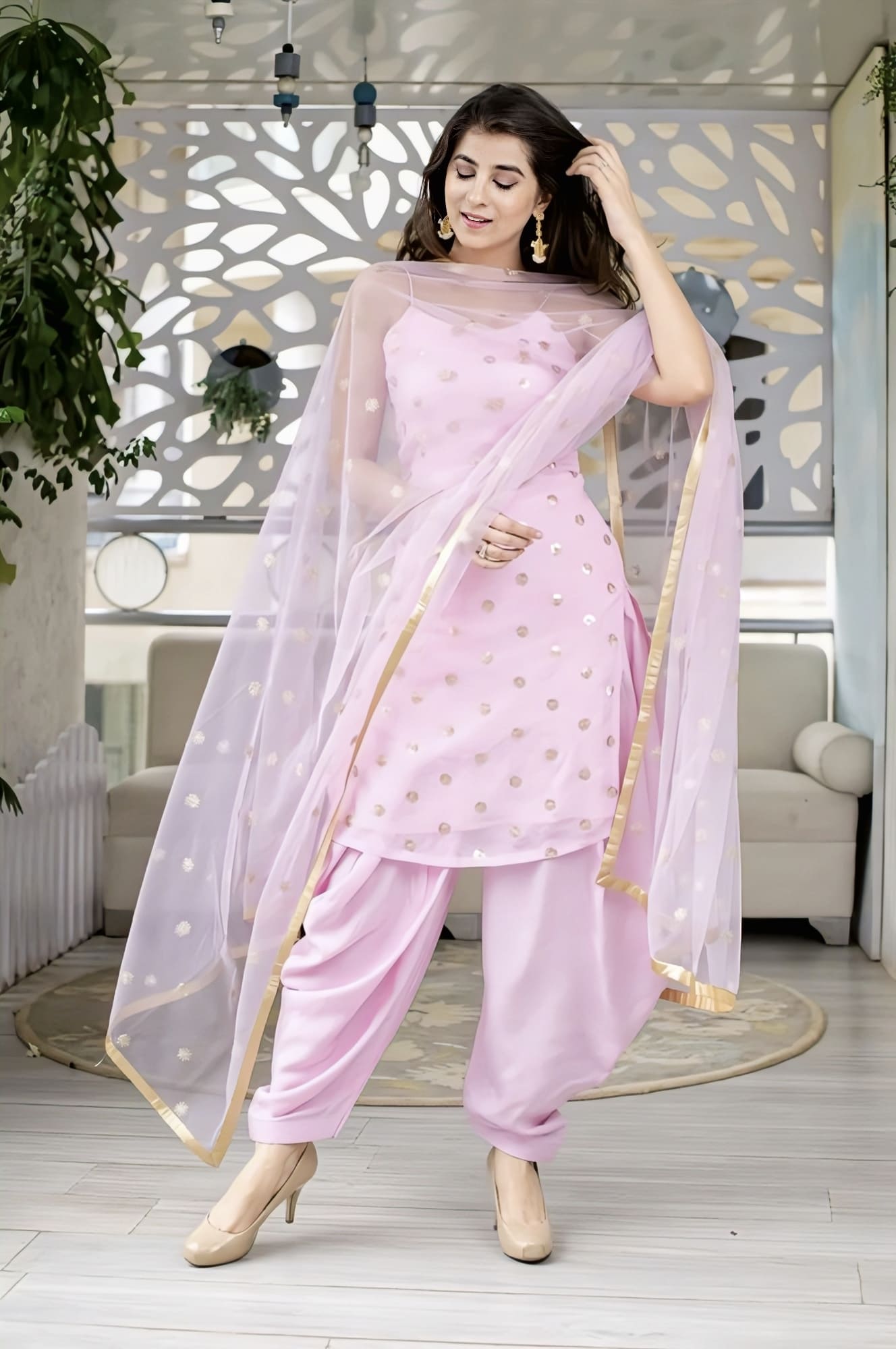 Designer Pink Georgette Semi-Patiala Salwar Suit for Party Wear