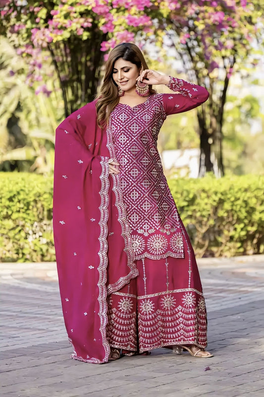 Rani pink Chinon salwar suit with heavy thread and sequence embroidery work for wedding, festive, and party wear