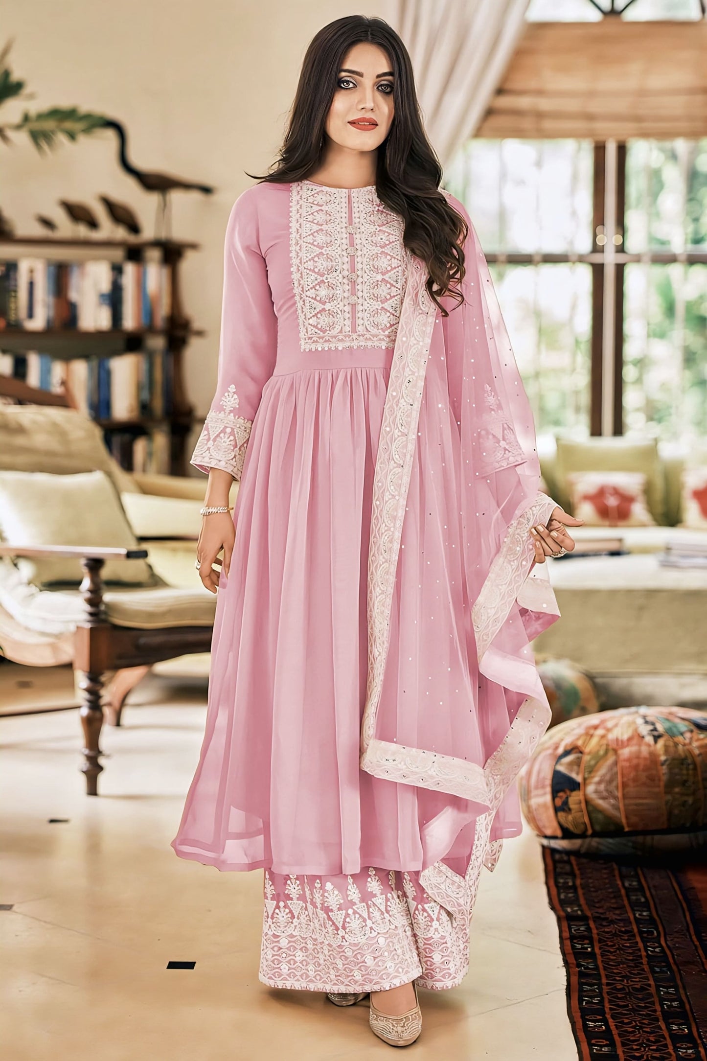 Flamingo pink palazzo salwar suit for festive, party, and special occasion wear