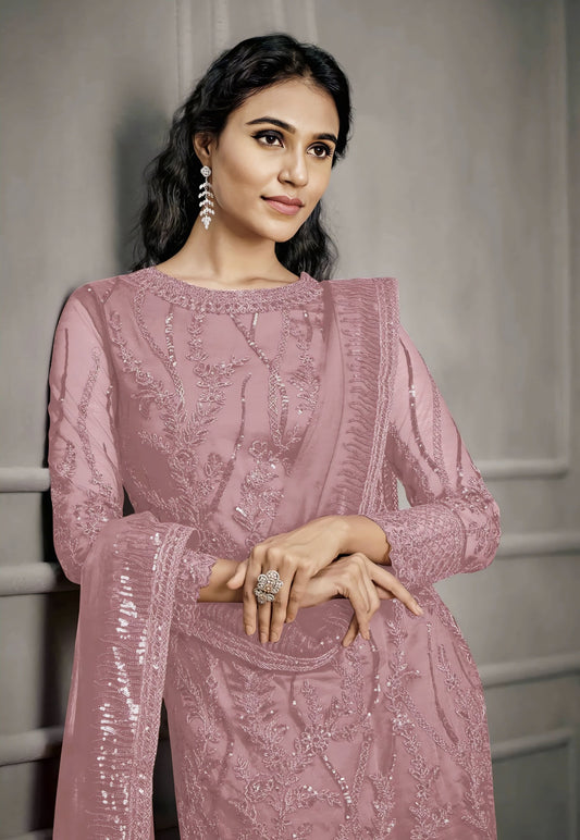 Pink Soft Net Straight Salwar Suit with Embroidery Work & Lace Dupatta