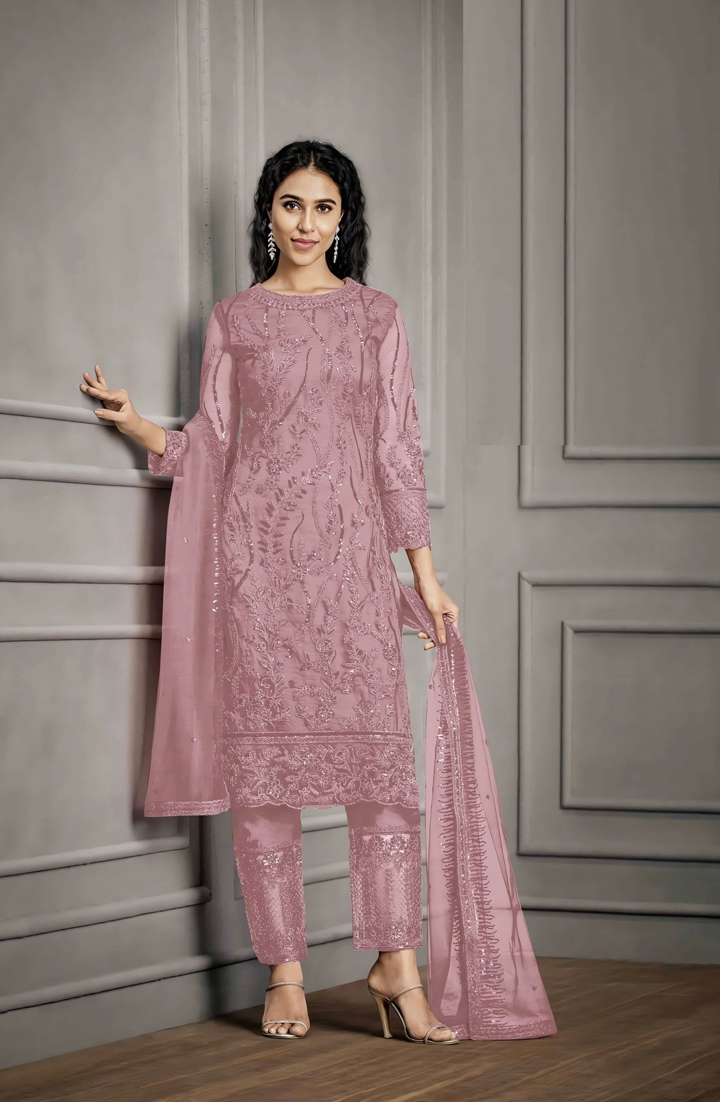 Pink soft net embroidered straight salwar suit with silk embroidered pants and lace dupatta for wedding and festive wear
