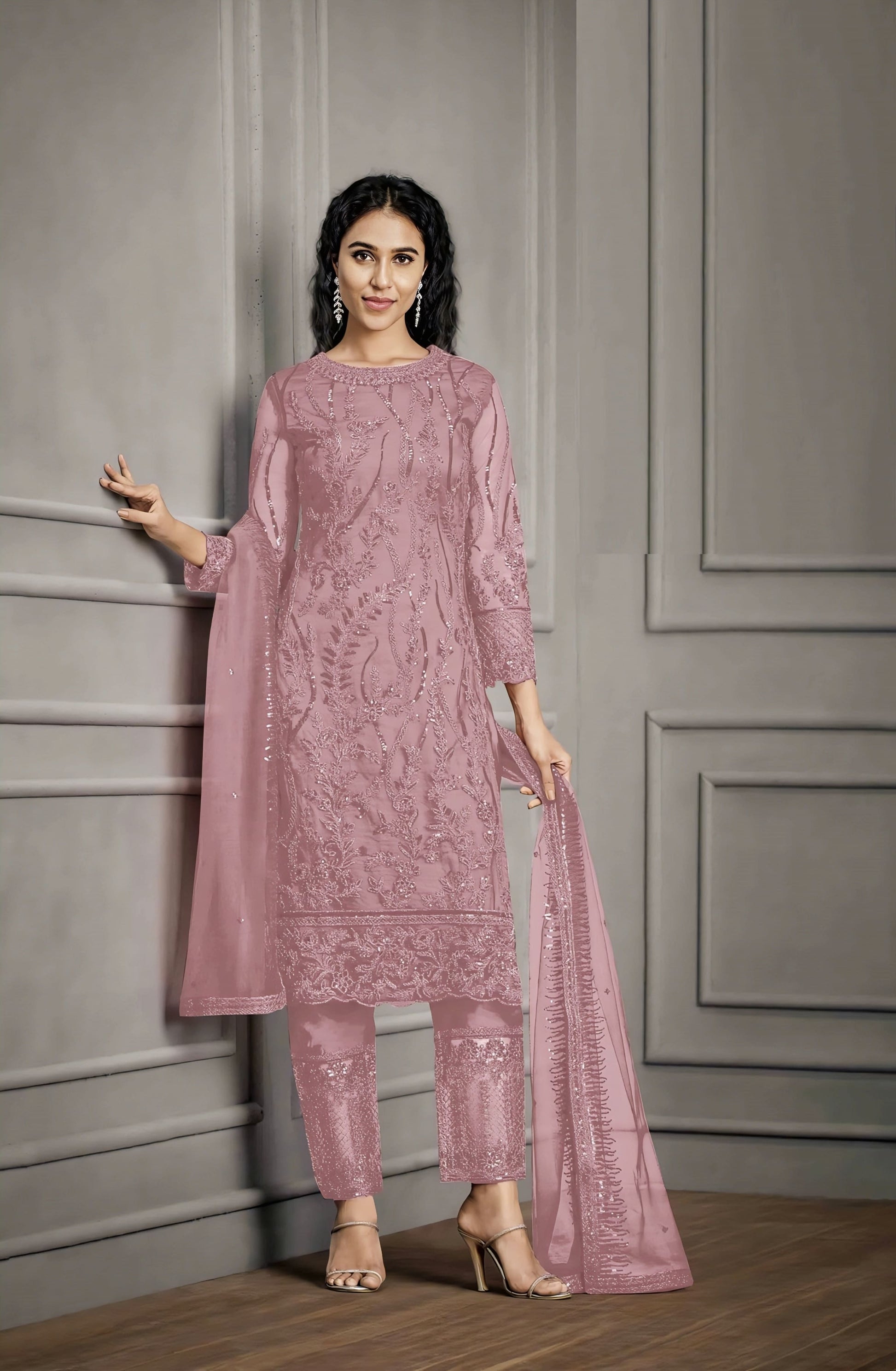 Pink soft net embroidered straight salwar suit with silk embroidered pants and lace dupatta for wedding and festive wear