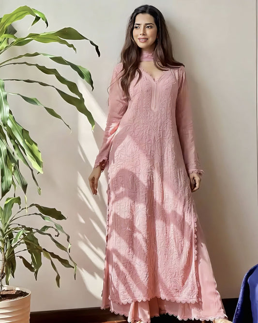 Baby pink georgette palazzo salwar suit with cotton thread embroidery, GPO lace work, and matching dupatta for wedding and festive wear