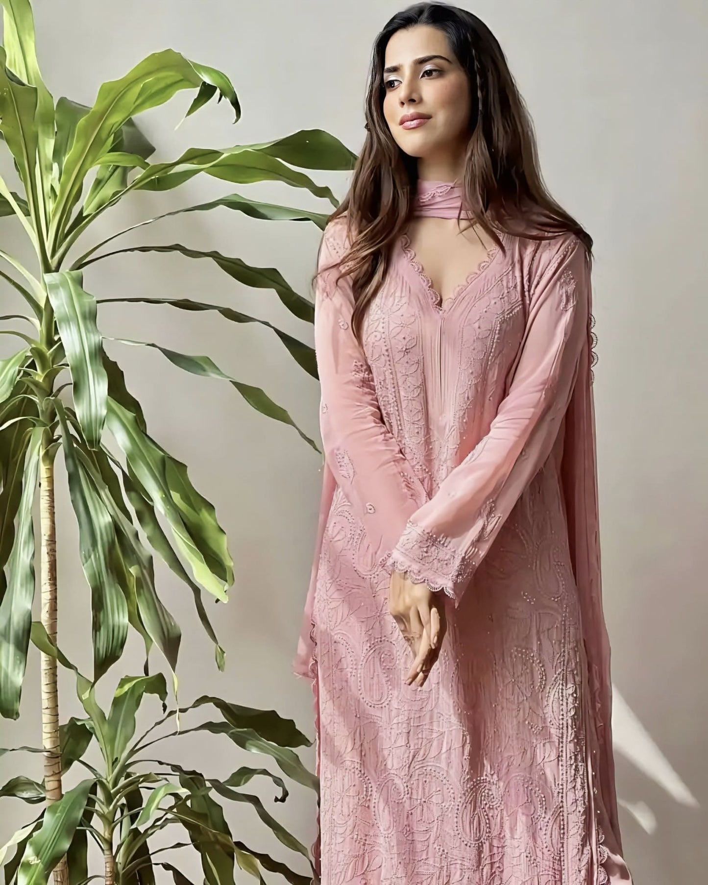 Baby Pink Georgette Palazzo Salwar Suit with Cotton Thread Embroidery & GPO Lace Work