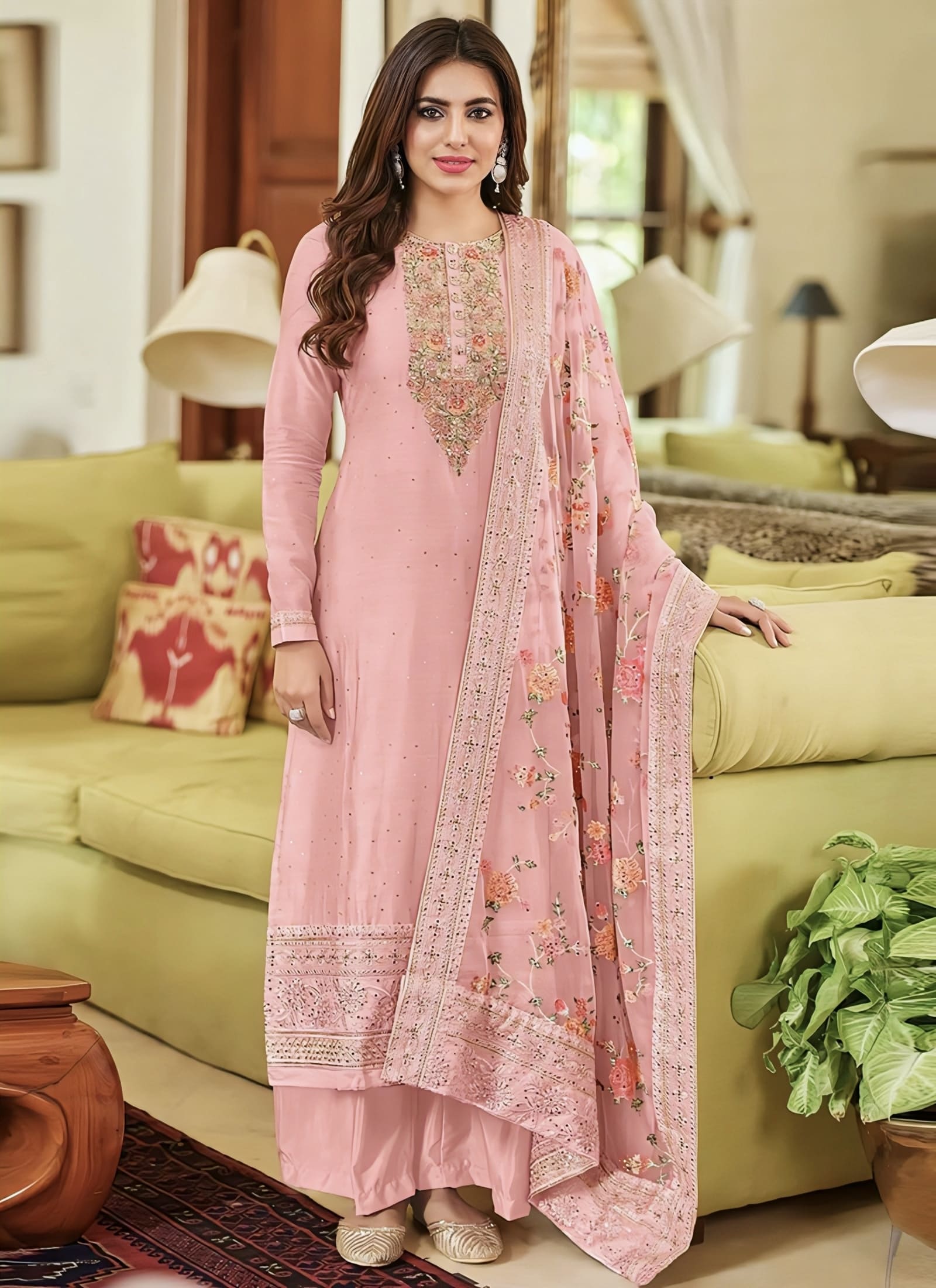 Rose pink art silk Pakistani palazzo suit with embroidery and stone work for festive and party wear