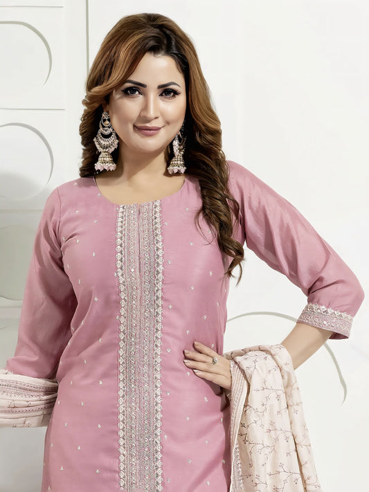 Latest Pink Georgette Straight Cut Salwar Suit with Resham & Sequins Work