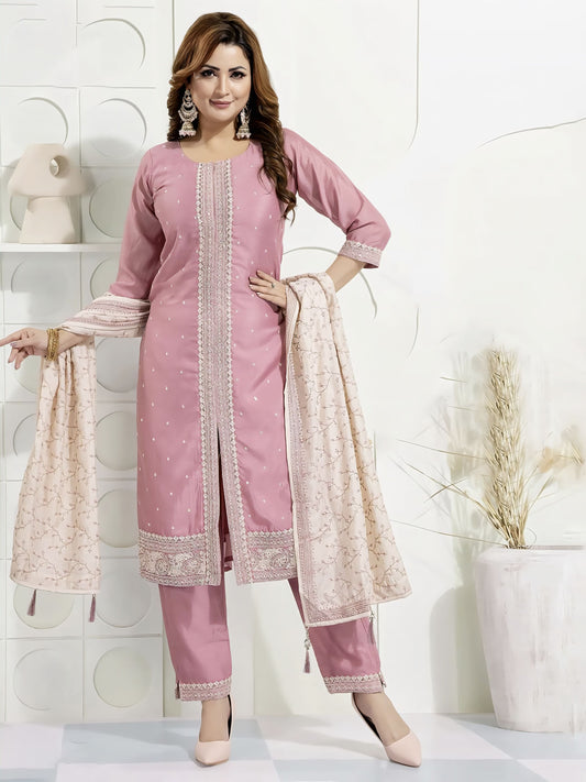 Pink georgette straight cut salwar suit with resham and sequins work, quarter sleeves, and dupatta for wedding and sangeet wear
