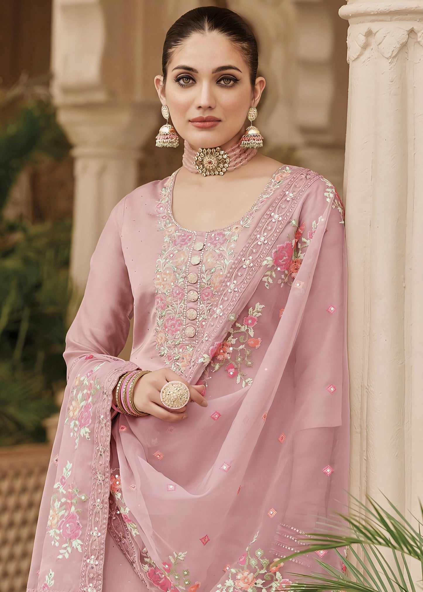 Pink Maheshwari Silk Festive Salwar Suit with Resham & Sequins Embroidery
