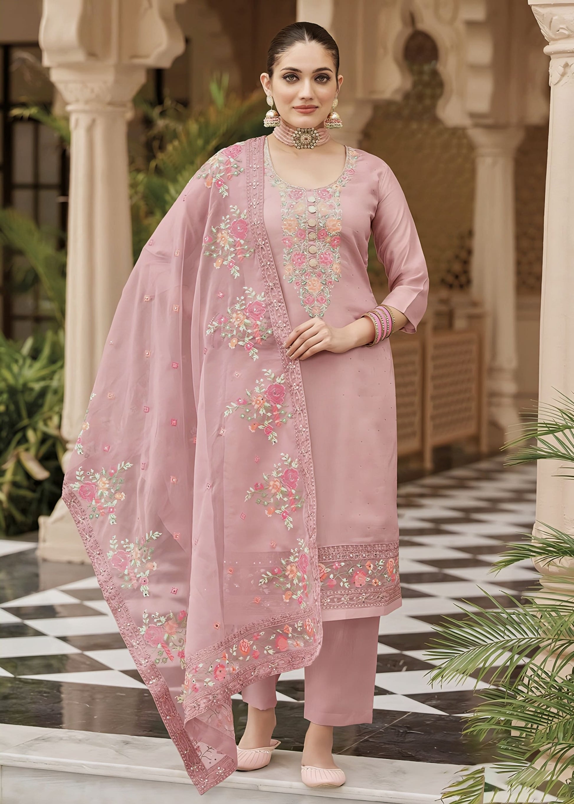 Pink Maheshwari silk embroidered festive salwar suit with resham thread and sequins work for wedding and ethnic wear