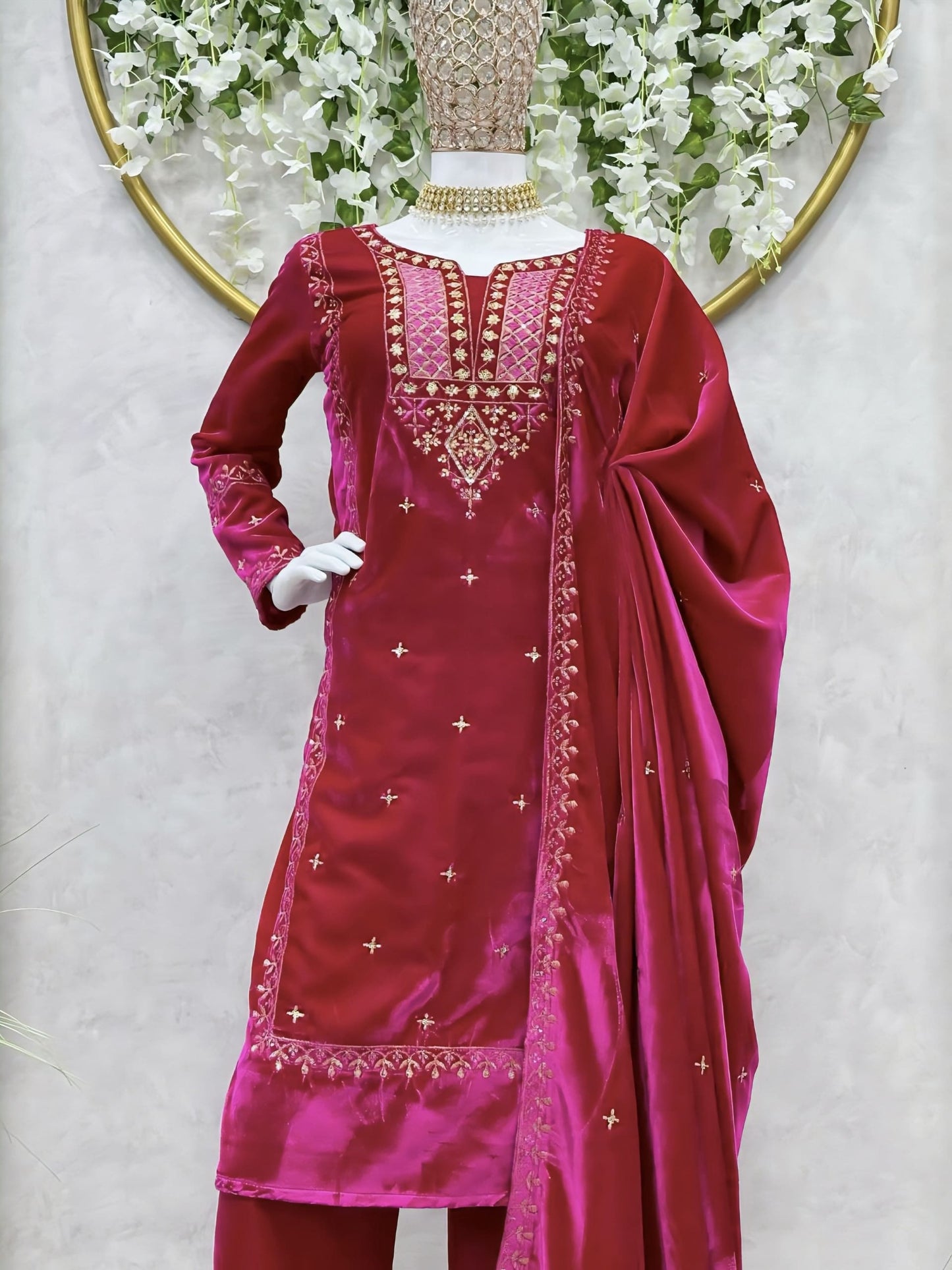Pink Heavy Velvet Salwar Suit with Thread & Sequence Work Dupatta