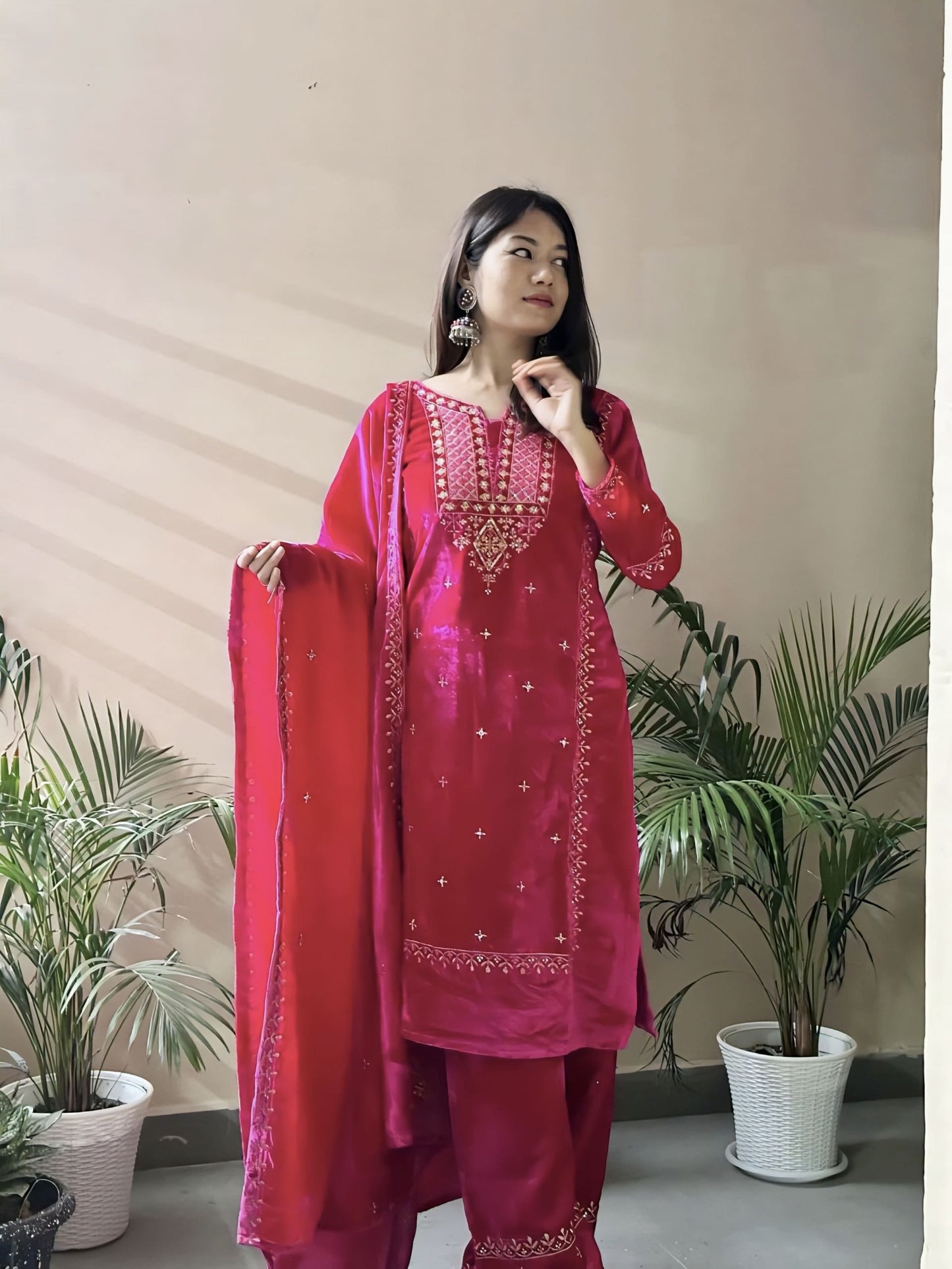 Pink Heavy Velvet Salwar Suit with Thread & Sequence Work Dupatta