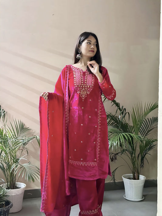 Pink Heavy Velvet Salwar Suit with Thread & Sequence Work Dupatta